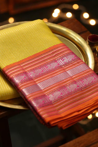 Traditional Korvai Annam Border With Silver Zari Checks Banana Yellow Kanchipuram Silk Saree