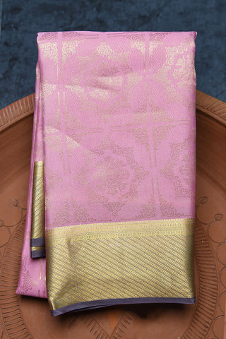 Zari Border With Checks And Kolam Design Light Pink Mysore Silk Saree