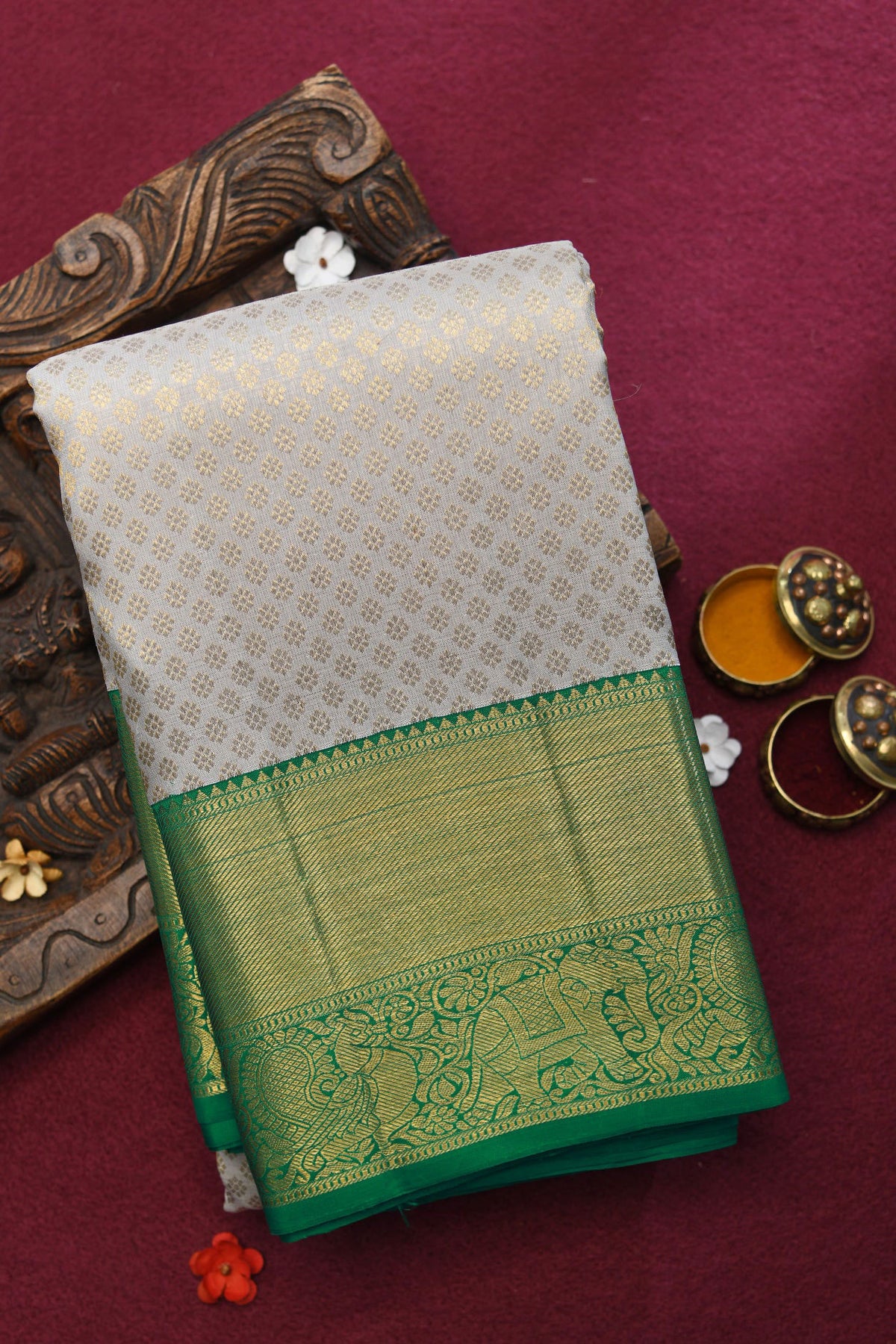 Brocade With Peacock And Elephant Border Pastel Grey Kanchipuram Silk Saree