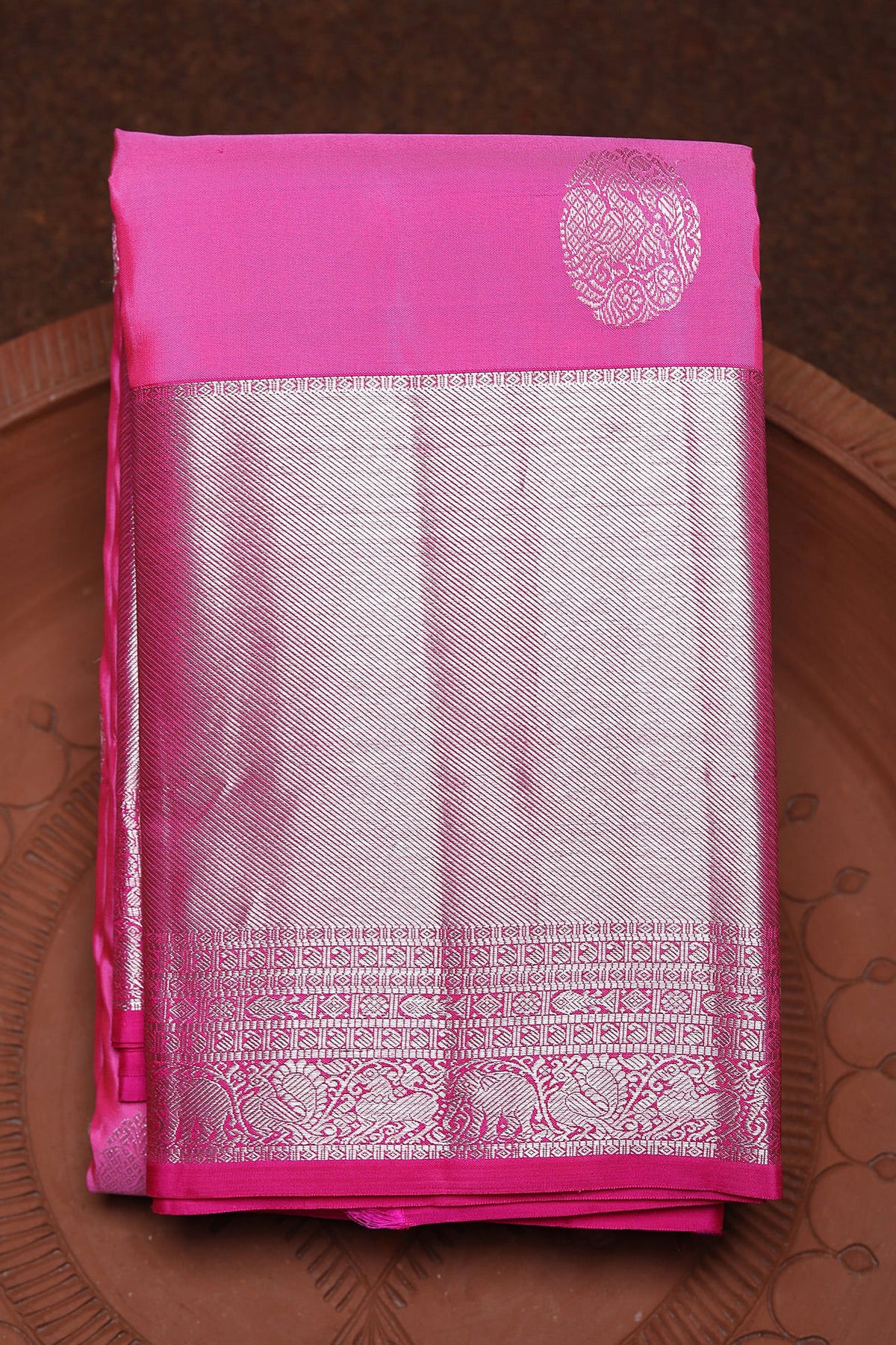 Big Silver Zari Border With Peacock Butta Hot Pink Kanchipuram Silk Saree