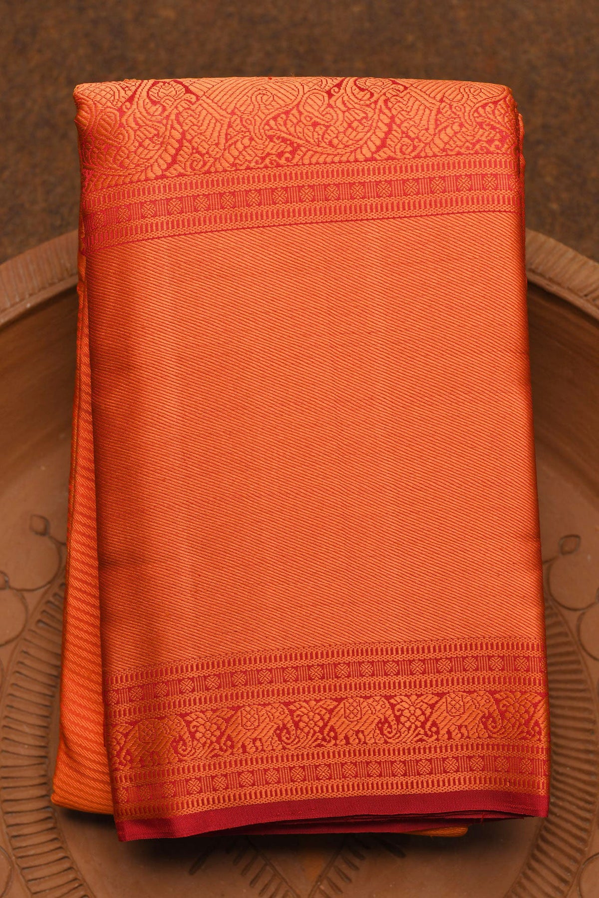 Big Border With Thread Work Stripes Rust Orange Kanchipuram Silk Saree