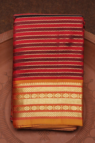 Zari Border With Veldhari Stripes Maroon And Brown Kanchipuram Silk Saree