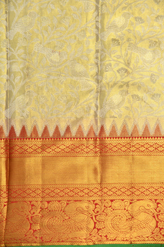 Traditional Border With Floral Creepers And Sparrow Design Soft Yellow Kanchipuram Silk Saree