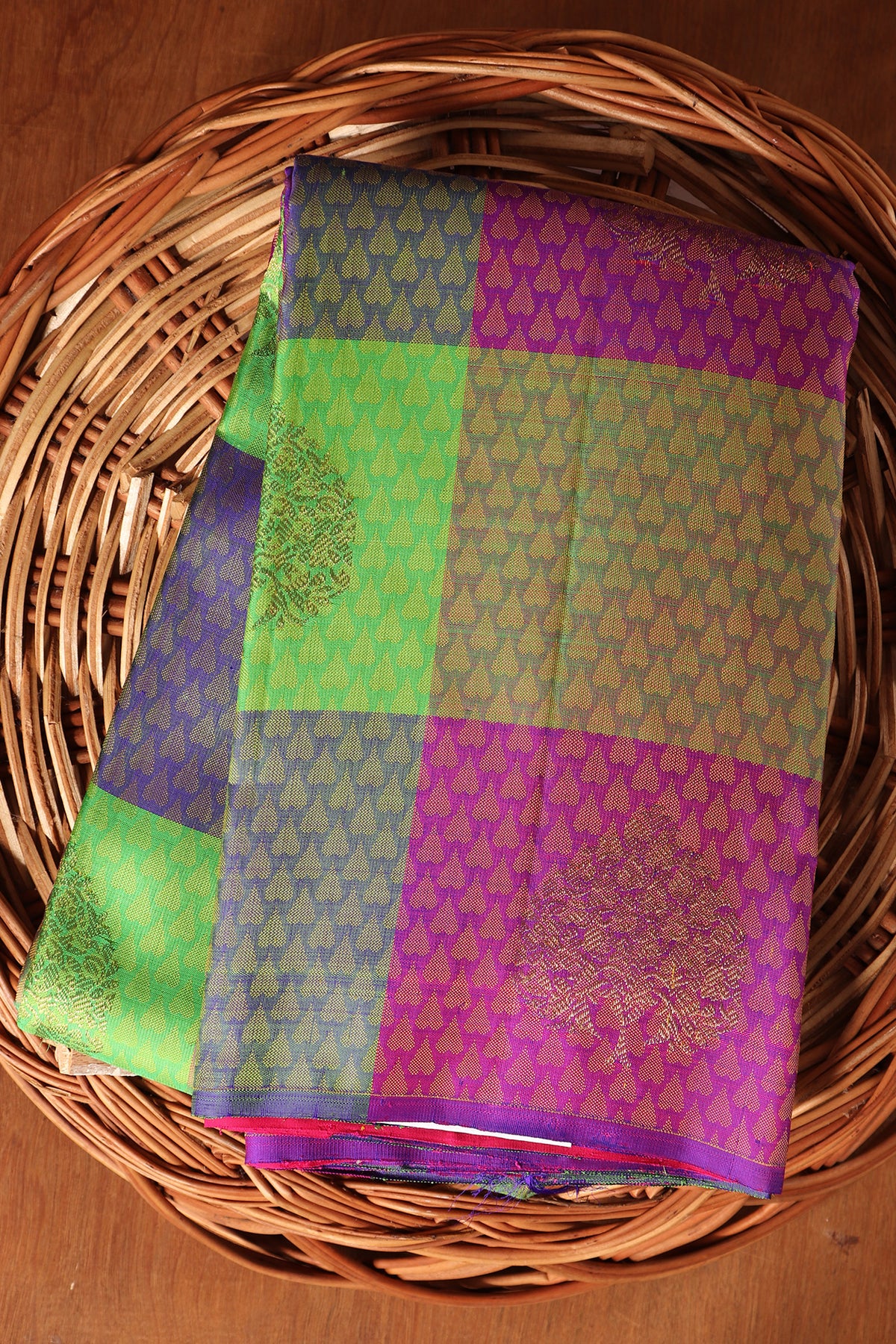 Tree Motif Checked Multicolor Kanchipuram Silk Saree