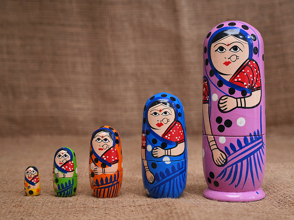 Handcrafted Wooden 5 In 1 Multicolor Doll Set