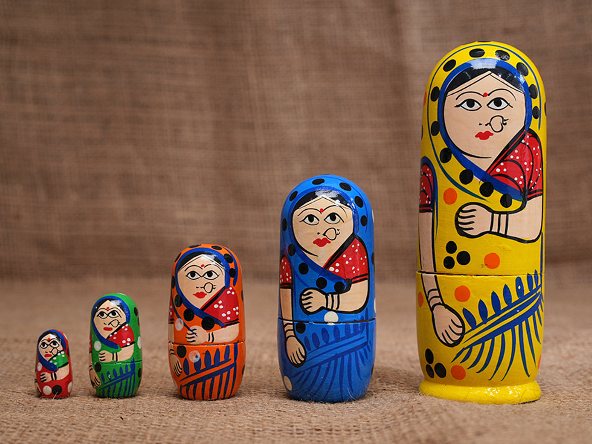 Handcrafted Wooden 5 In 1 Multicolor Doll Set