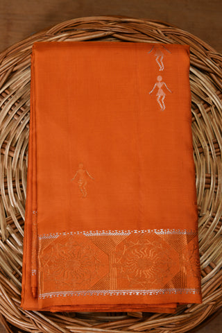 Warli Art Pattern Ochre Orange Kanchipuram Silk Saree