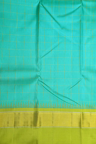 Contrast Zari Border With Checks Turquoise Green Kanchipuram Silk Saree