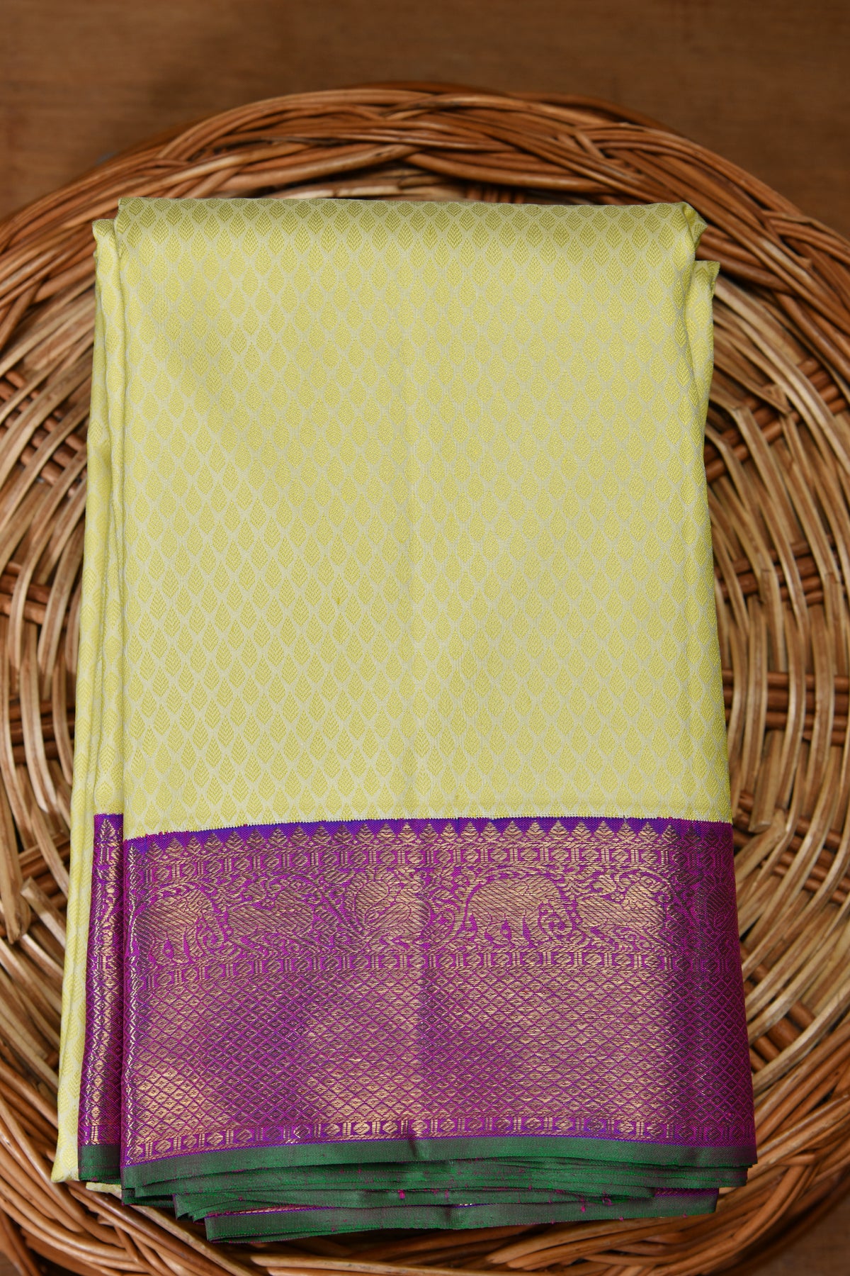 Elephant Motif Border Cream Color Kanchipuram Silk Saree