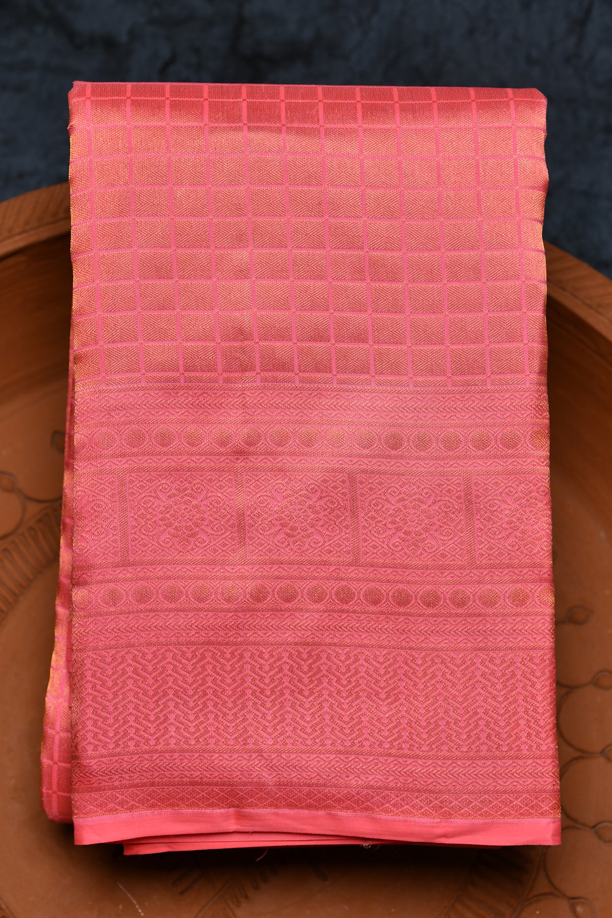 Floral Zari Border With Square Box Buttis Rose Pink Kanchipuram Silk Saree