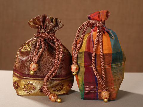 Set Of 2 Brown Zari And Checked Silk Potli Bags