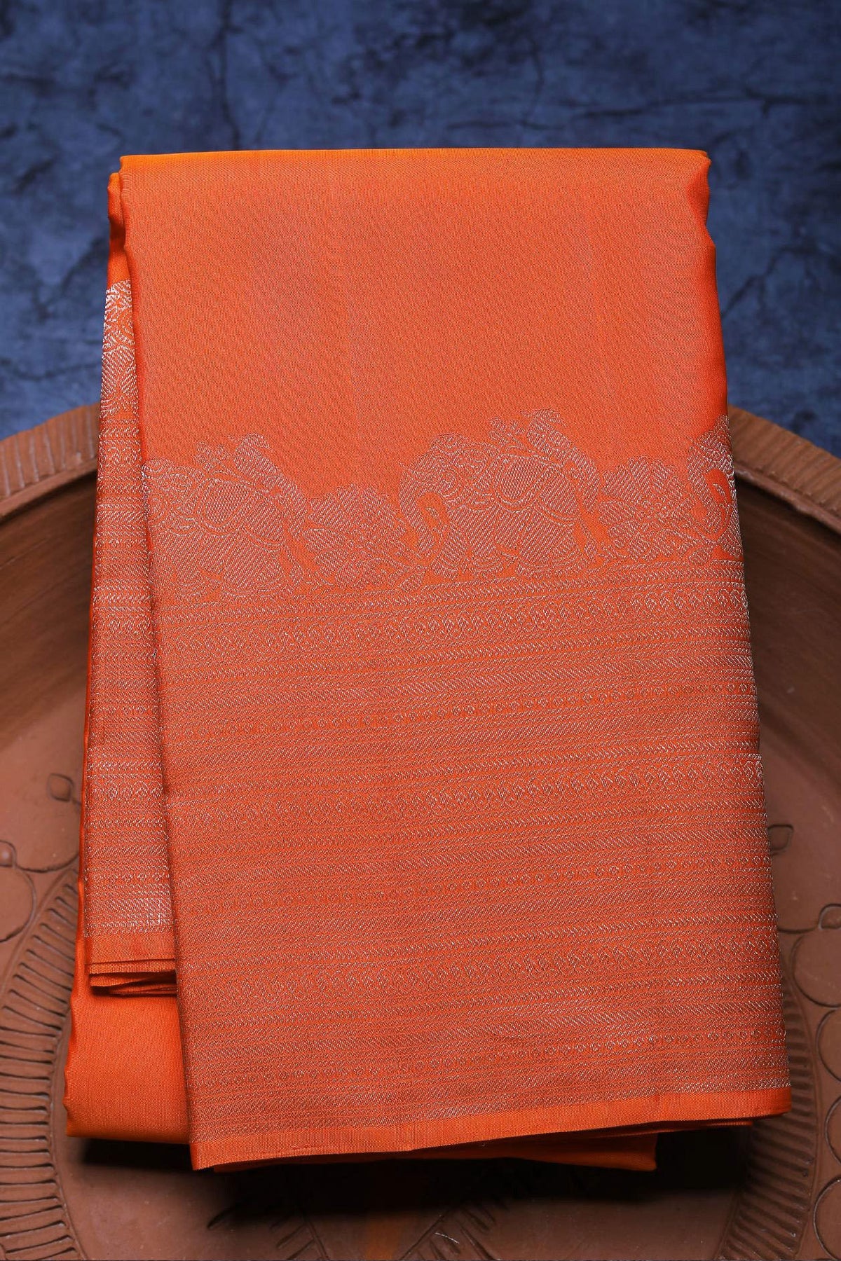 Elephant Design Border In Plain Bright Orange Kanchipuram Silk Saree