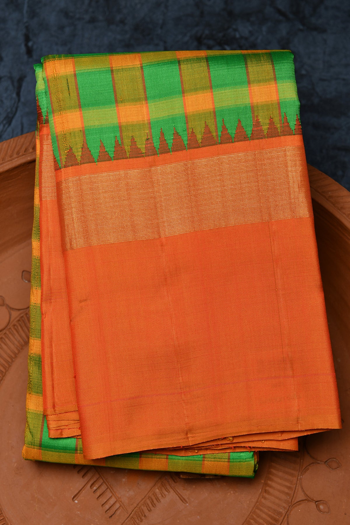 Green And Orange Checks With Big Border Kanchipuram Silk Saree