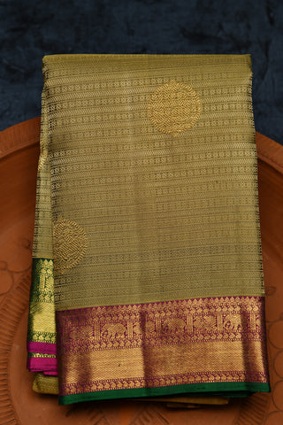 Jacquard Annam Butta Ganga Jamuna Border Olive Green Kanchipuram Silk Saree