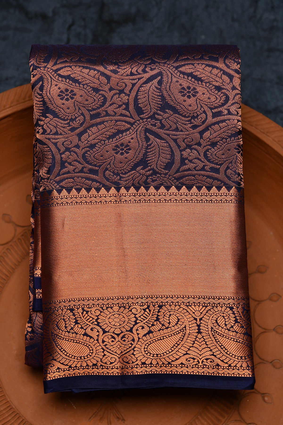 Copper Zari Big Border With Leaf Design Deep Navy Blue Kanchipuram Silk Saree