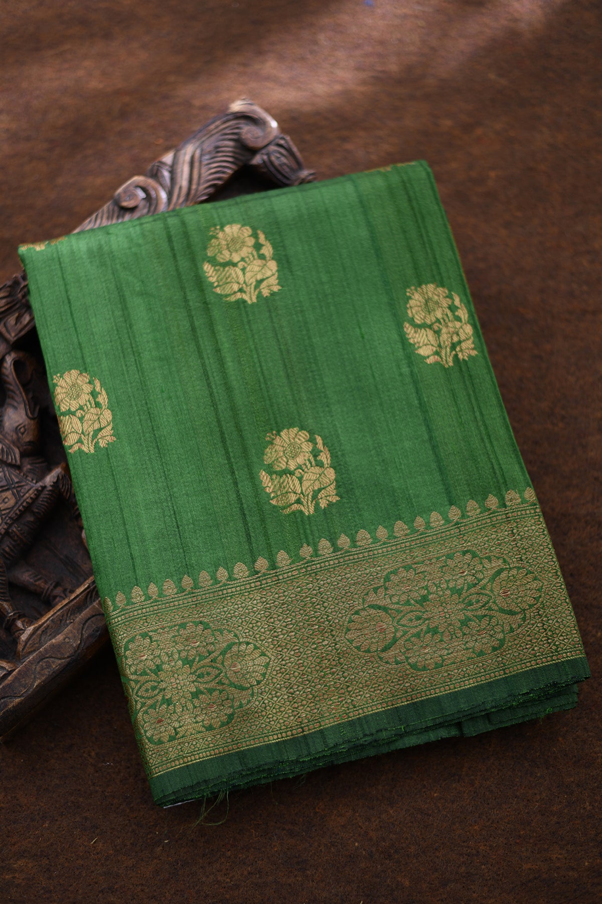 Traditional Zari Border With Floral Butta Green Banaras Tussar Silk Saree