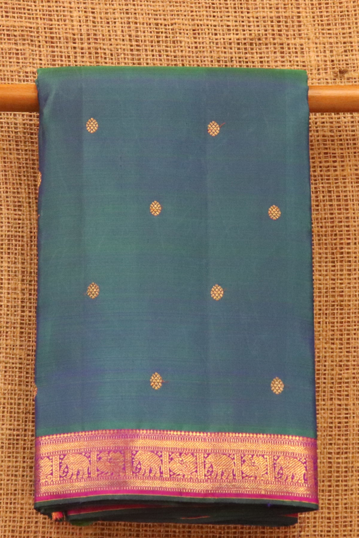 Elephant Motif Border Peacock Green Kanchipuram Silk Saree