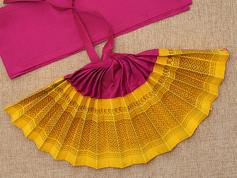 Zari Border Pink And Yellow Silk Amman Pavadai Set