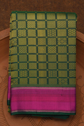 Contrast Border With Jacquard Checks Leaf Green Kanchipuram Silk Saree