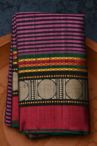 Mauve Pink And Black Stripes Body With Threadwork Border Raw Silk Finish Kanchipuram Silk Saree