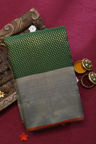 Zari Dots With Contrast Border Forest Green Kanchipuram Silk Saree