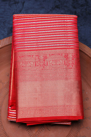 Big Copper Zari Border With Veldhari Stripes Red Kanchipuram Silk Saree