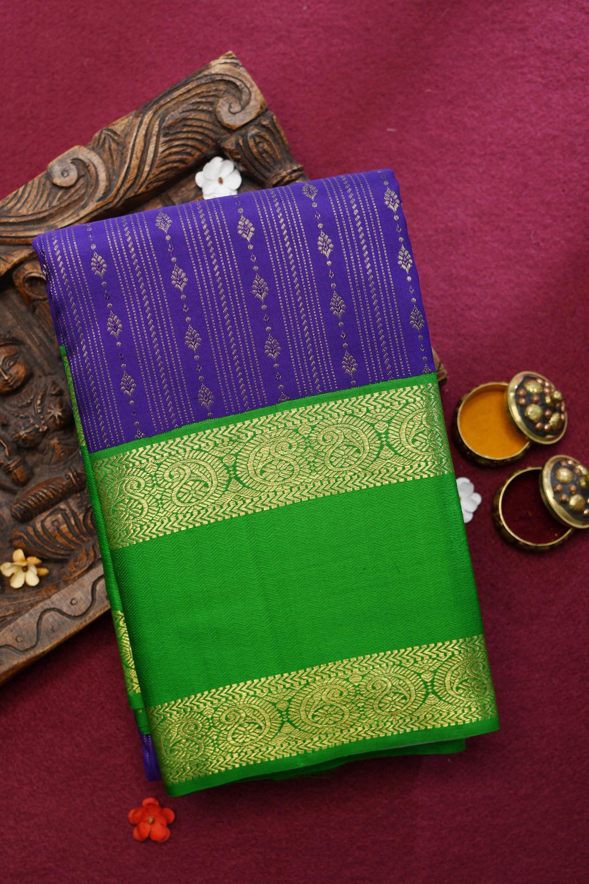 Contrast Rettai Pettu Korvai Border Brinjal Purple Kanchipuram Silk Saree