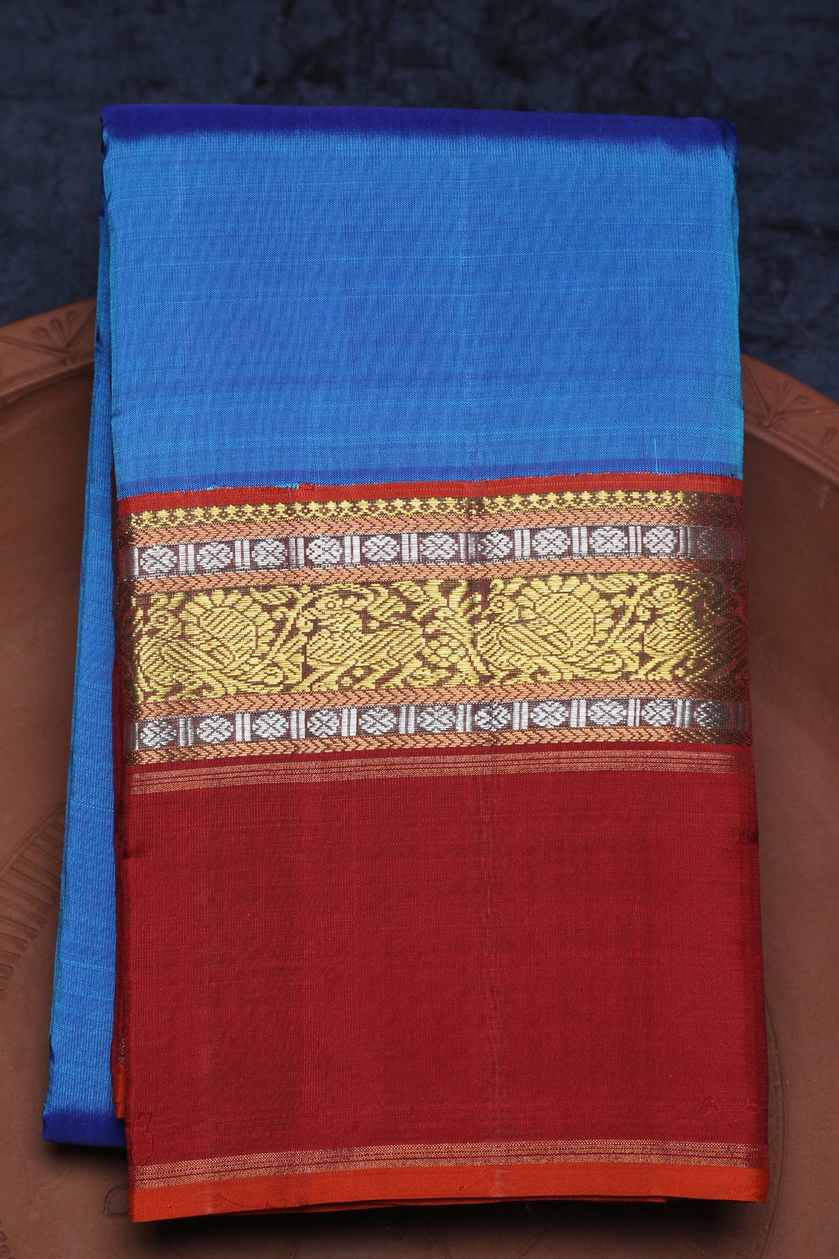 Korvai Big Border In Plain Cobalt Blue Kanchipuram Silk Saree