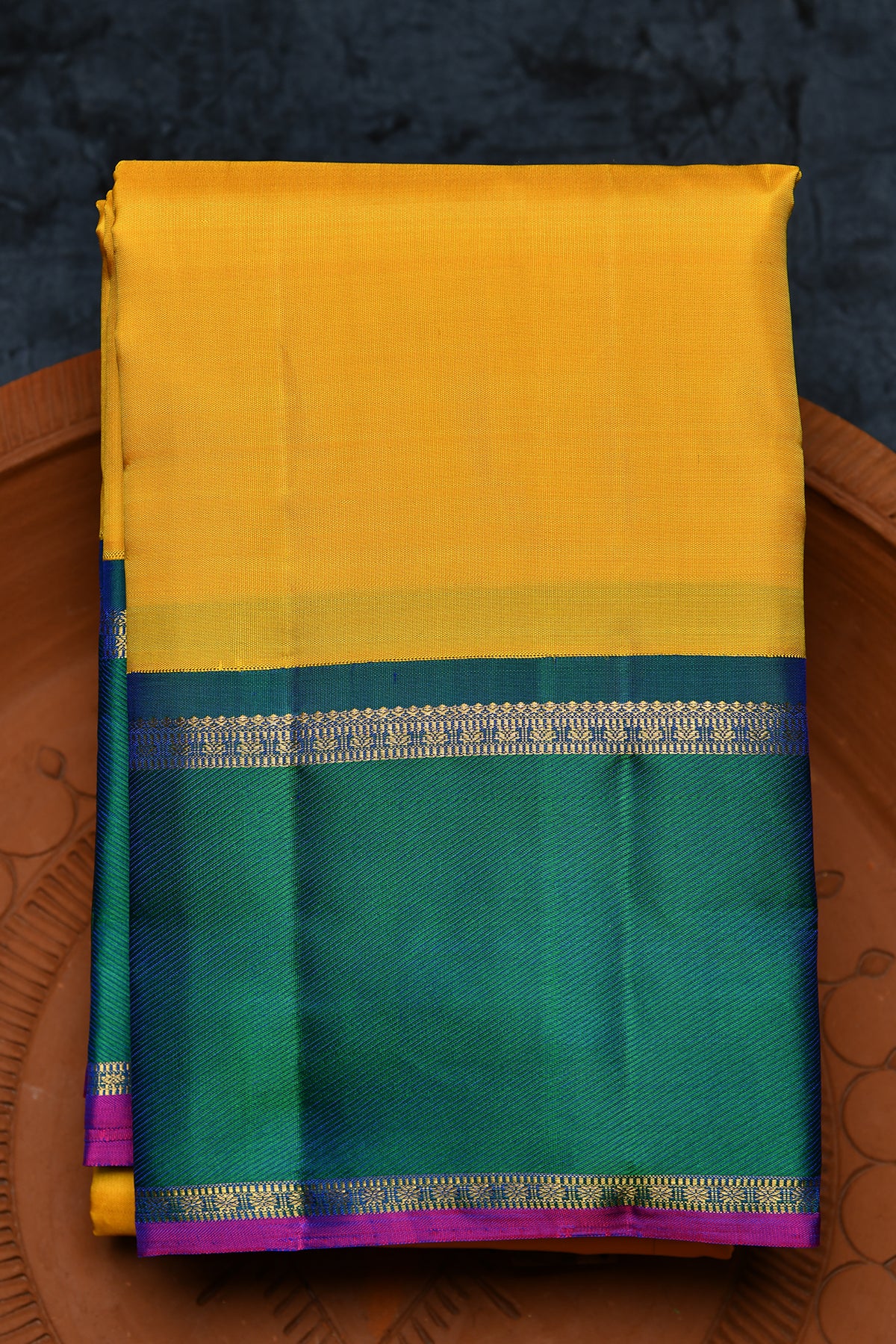 Contrast Rettai Pettu Border In Plain Deep Yellow Kanchipuram Silk Saree