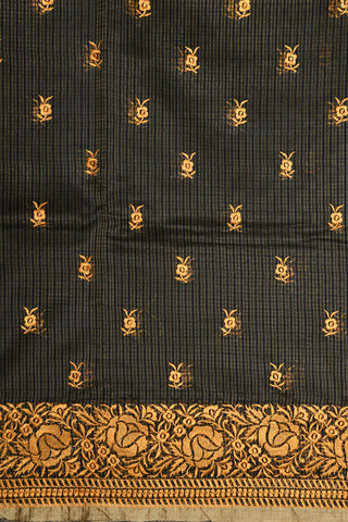 Embroidered Floral Border With Buttis Black Semi Banaras Silk Saree