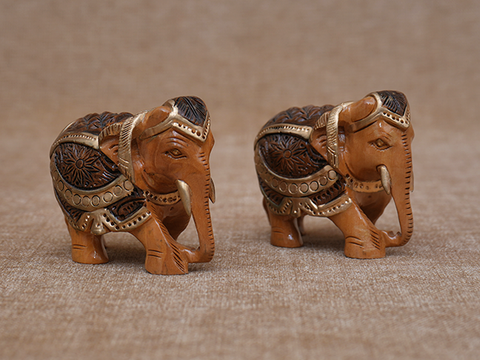 Set Of 2 Wooden Handicraft Elephant Statue For Showpiece