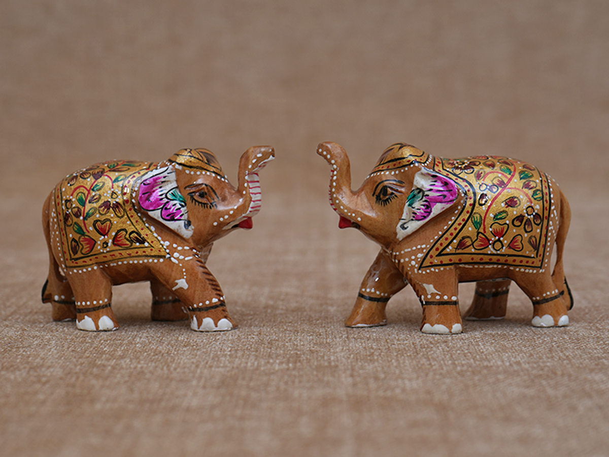 Set Of 2 Wooden Handicraft Elephant Statue For Showpiece