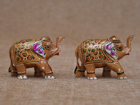 Set Of 2 Wooden Handicraft Elephant Statue For Showpiece