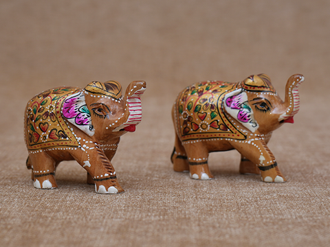 Set Of 2 Wooden Handicraft Elephant Statue For Showpiece