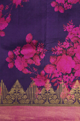 Fancy Zari Border With Floral Design Deep Purple Printed Kanchipuram Silk Saree