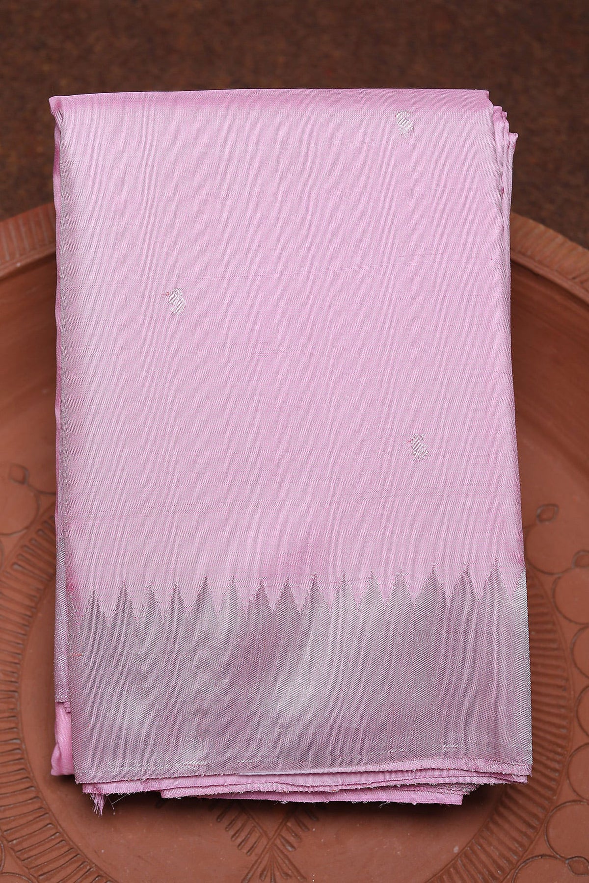 Silver Zari Temple Border With Paisley Buttis Rose Pink Kanchipuram Silk Saree