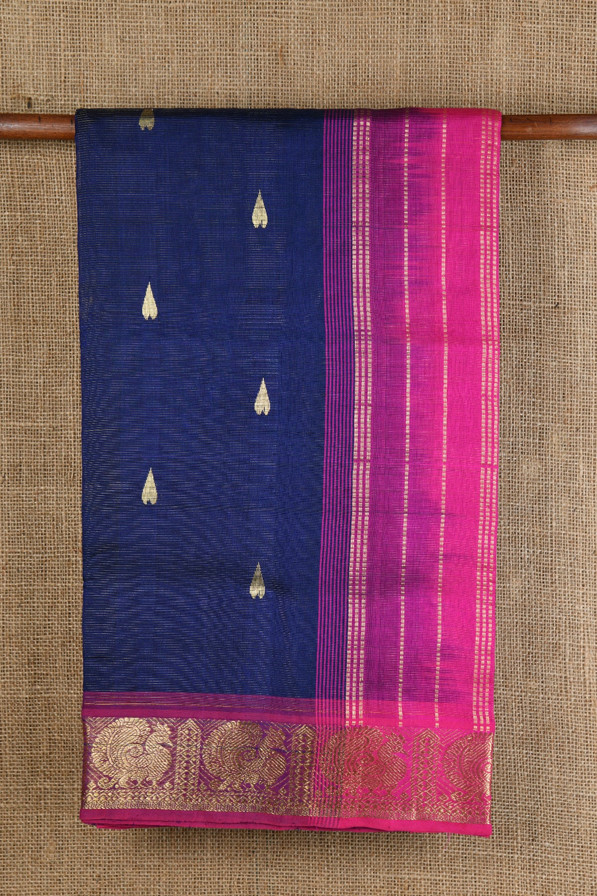 Vaira Oosi Design Leaf Motif Navy Blue Silk Cotton Saree