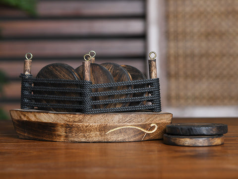 Wooden Ship Shape Tea Coaster Set