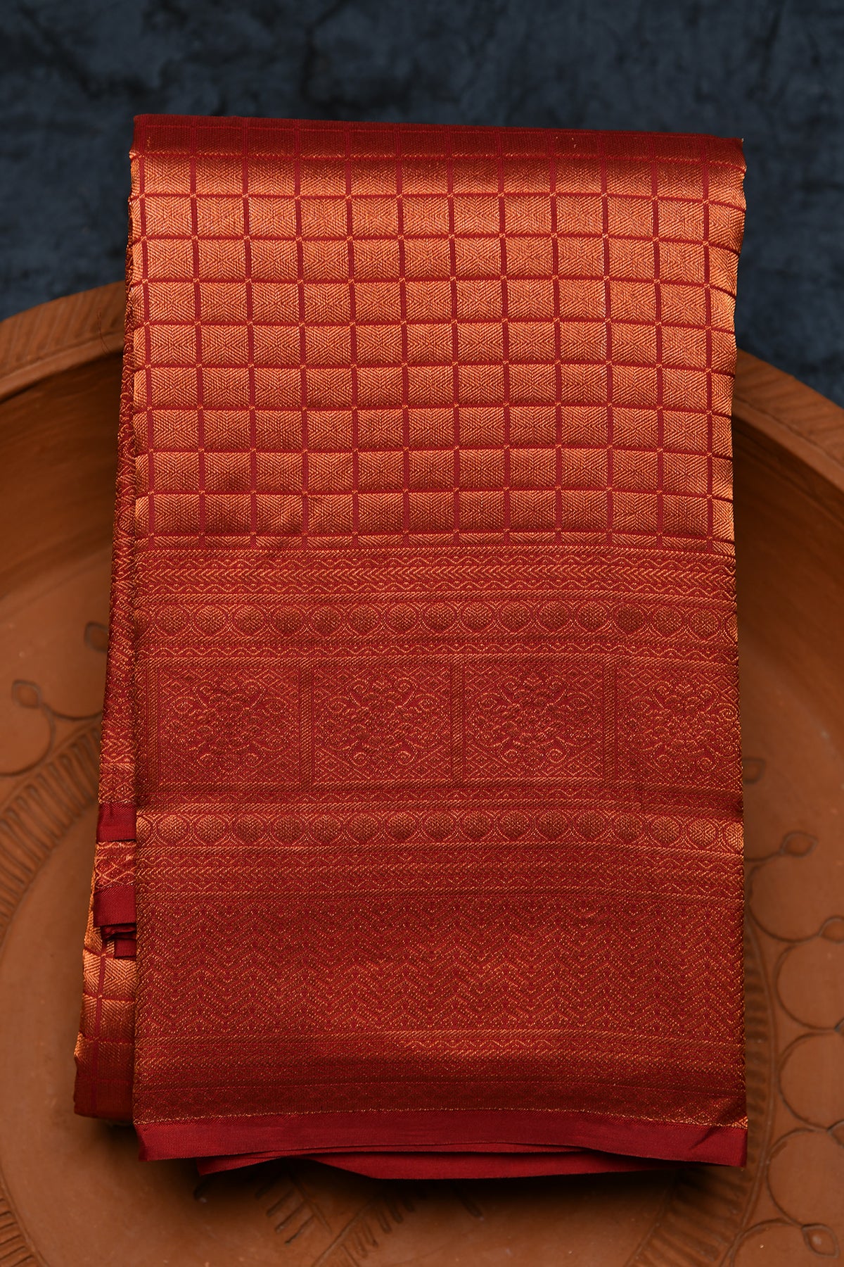 Copper Zari Floral Border With Square Box Buttis Maroon Kanchipuram Silk Saree