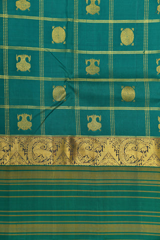 Traditional Border With Checks And Iruthalai Pakshi Rudraksh Butta Pine Green Kanchipuram Silk Saree