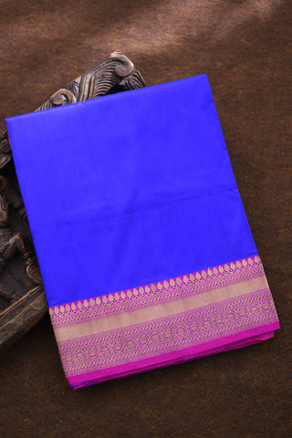 Contrast Zari Border In Plain Cobalt Blue Banaras Silk Saree