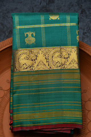 Traditional Border With Checks And Iruthalai Pakshi Rudraksh Butta Pine Green Kanchipuram Silk Saree