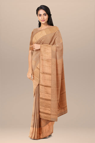 Copper Zari Peacock Border With Chakram Motif Biscuit Brown Kanchipuram Silk Saree