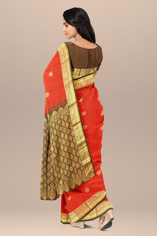 Peacock Zari Border With Mayil Chakram Motif Ochre Orange Kanchipuram Silk Saree