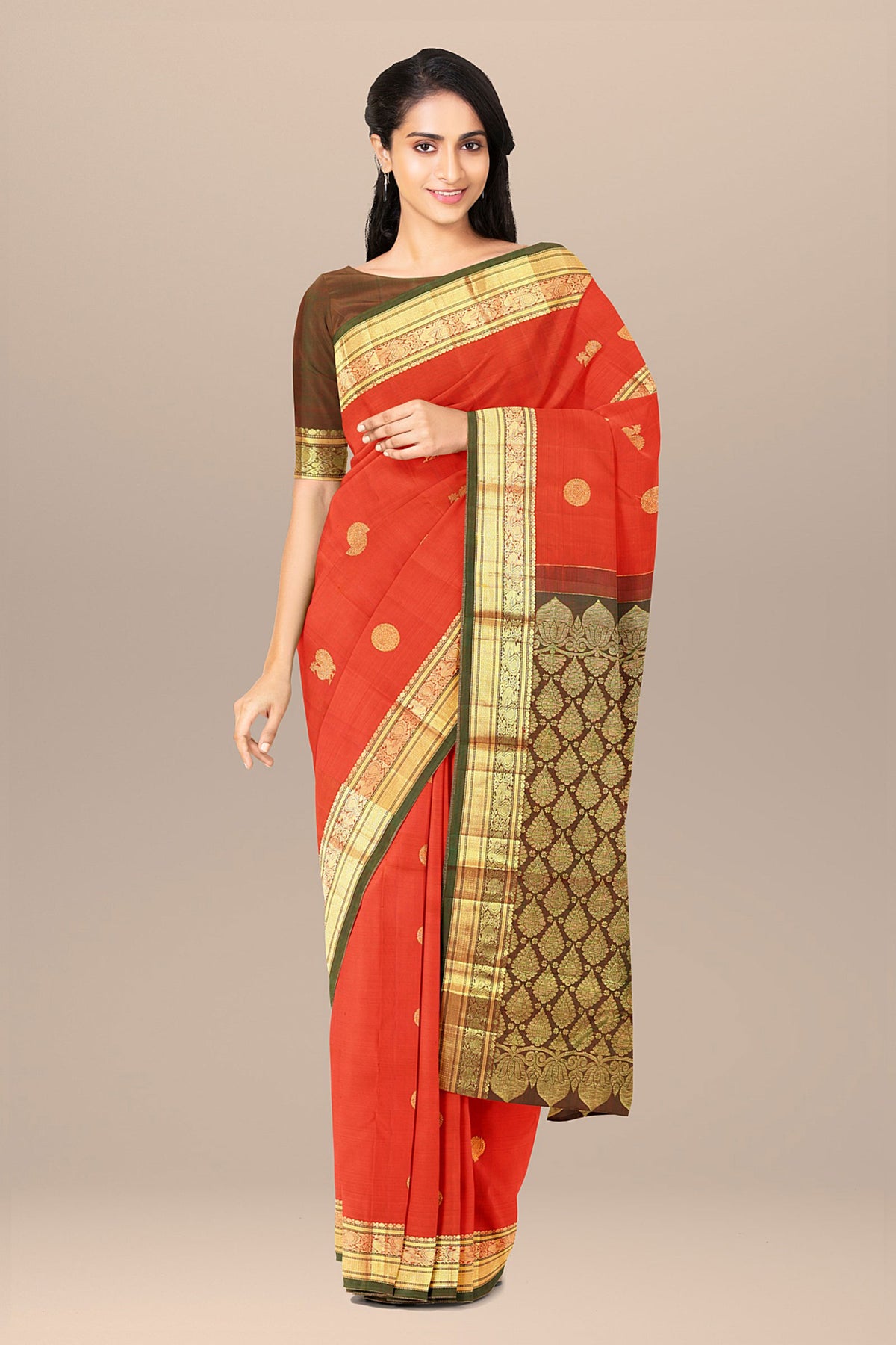 Peacock Zari Border With Mayil Chakram Motif Ochre Orange Kanchipuram Silk Saree