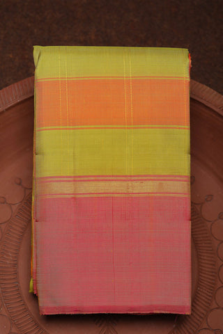 Plain Border With Lime Green And Orange Stripes Kanchipuram Silk Saree