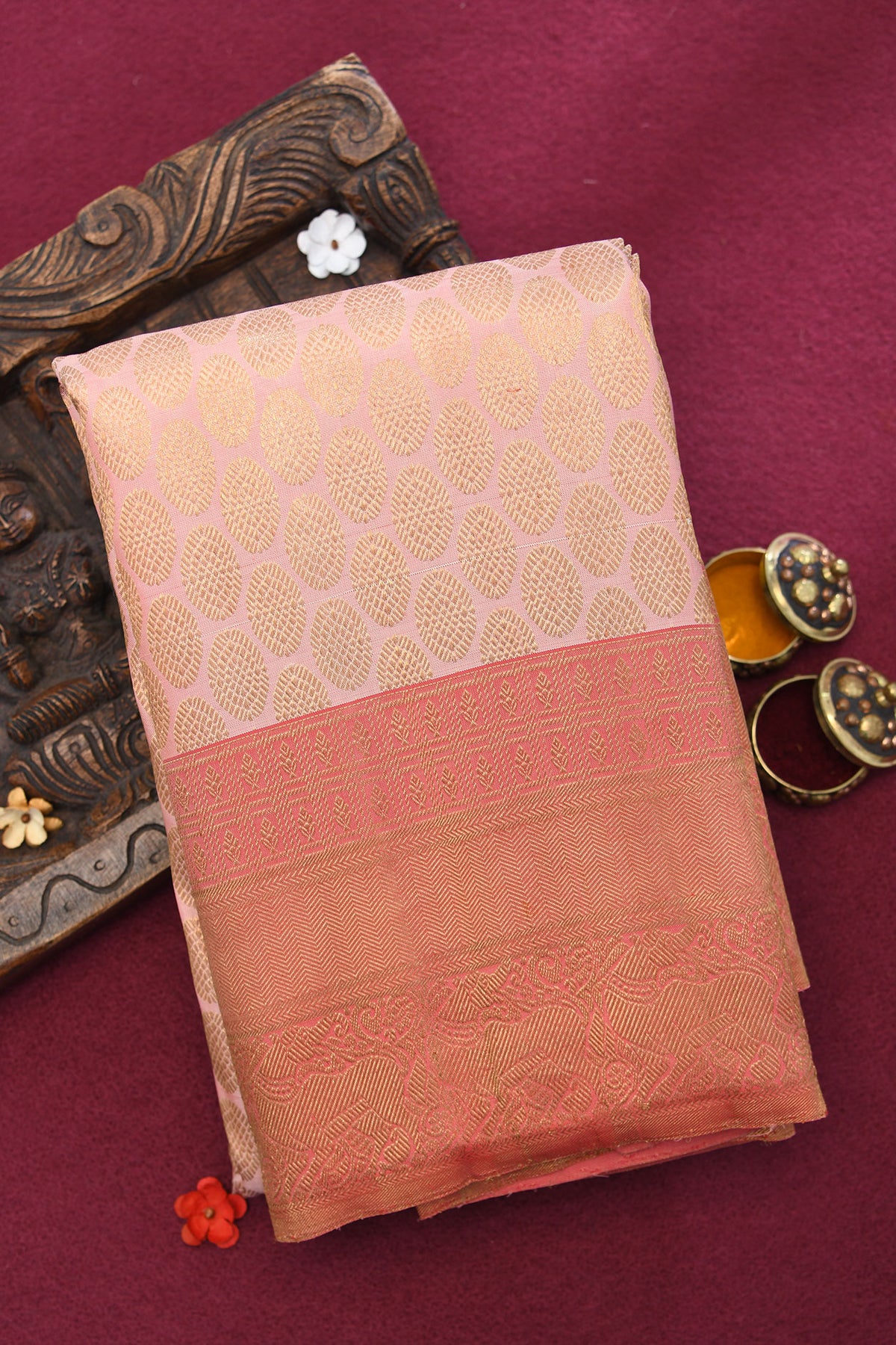 Brocade Rudraksh Buttas Peach Pink Kanchipuram Silk Saree