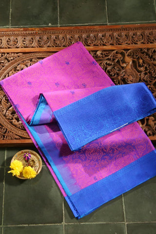 Thread Work Peacock Border With Allover Block Printed Purple Kanchipuram Silk Saree