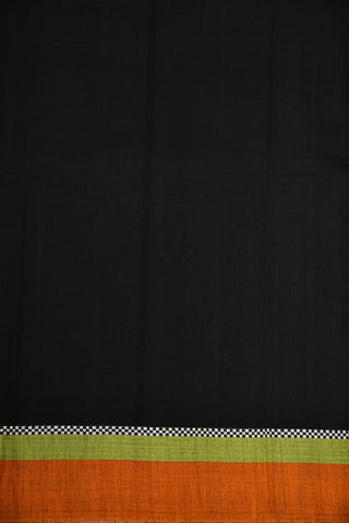 Contrast Thread Work Border In Plain Black Hand Spun Cotton Saree