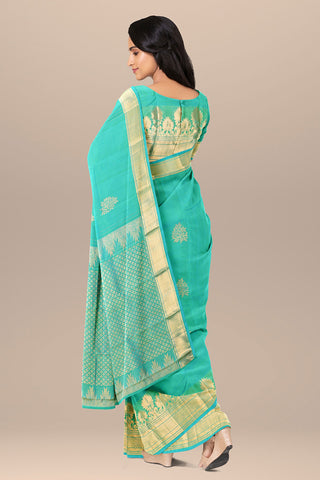 Copper Zari Floral Border In Plain Sea Green Kanchipuram Silk Saree